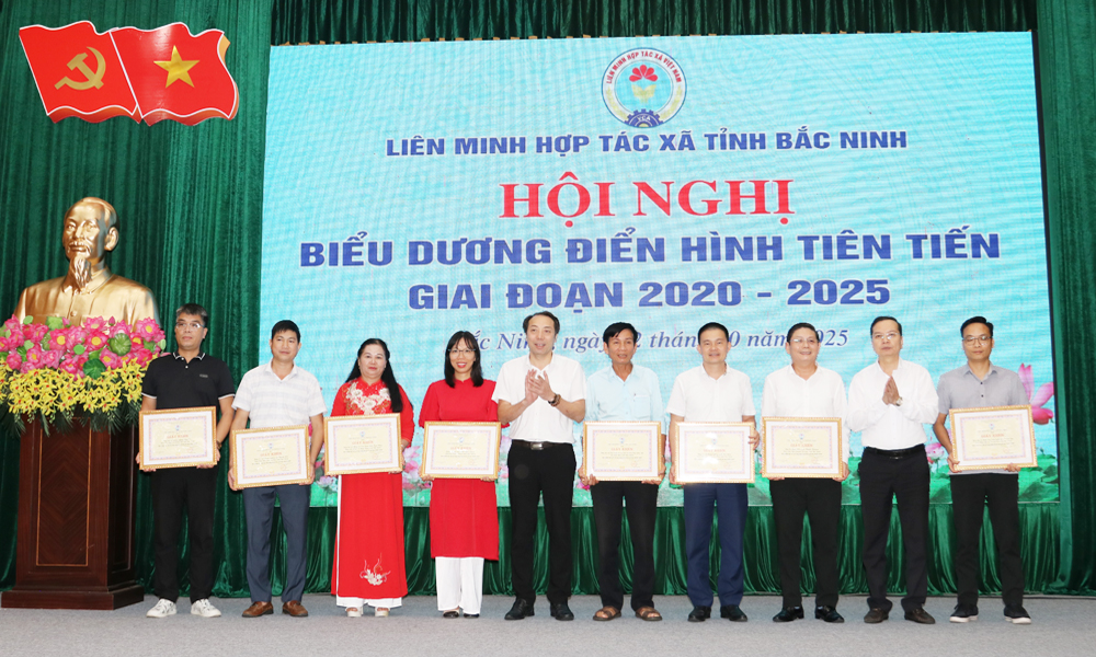 Lãnh đạo Liên minh Hợp tác xã tỉnh Bắc Ninh tặng Giấy khen cho các tập thể có thành tích xuất sắc trong phong trào thi đua giai đoạn 2020 - 2025.