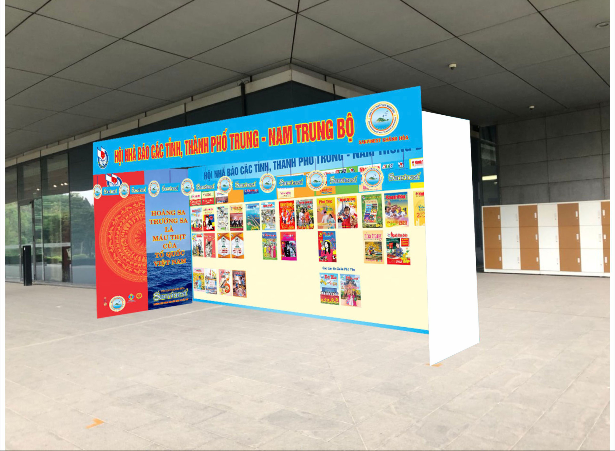 Phối cảnh gian trưng bày của Hội Nhà báo các tỉnh Trung - Nam Trung Bộ tại Hội báo Toàn quốc năm 2023.